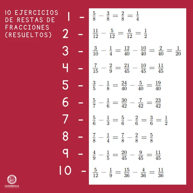 10 restas de fracciones resueltas