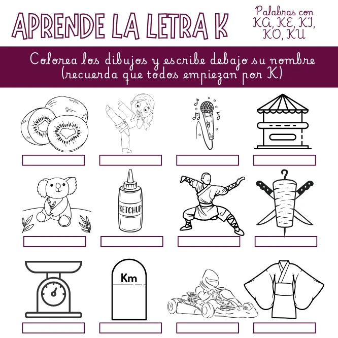 Palabras con ka ke ki ko ku para colorear