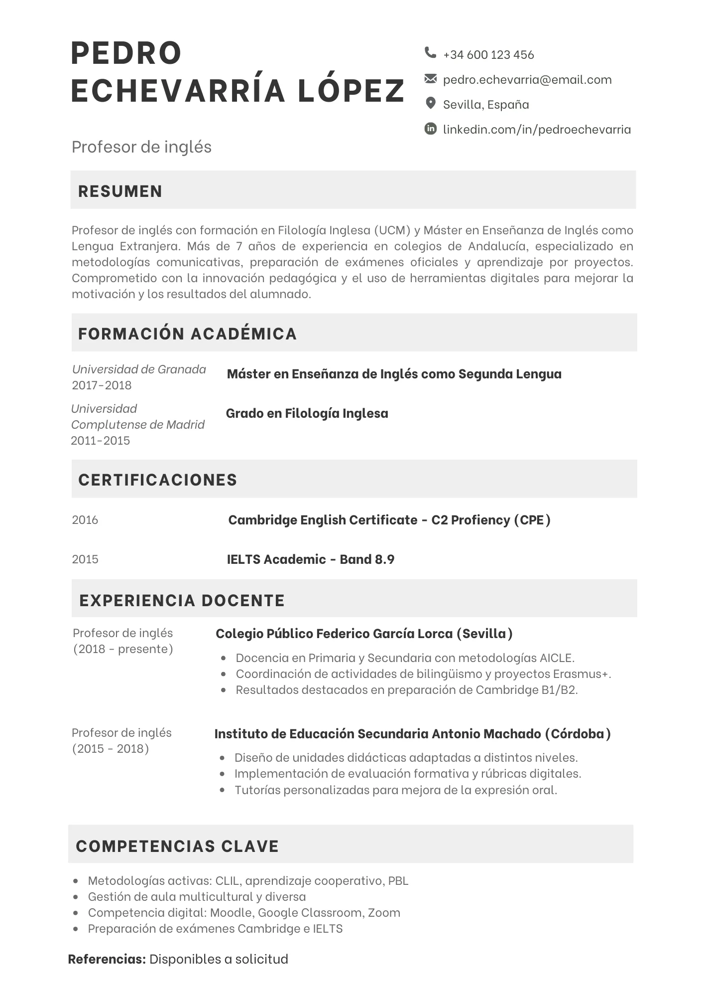 ejemplo cv profesor de inglés