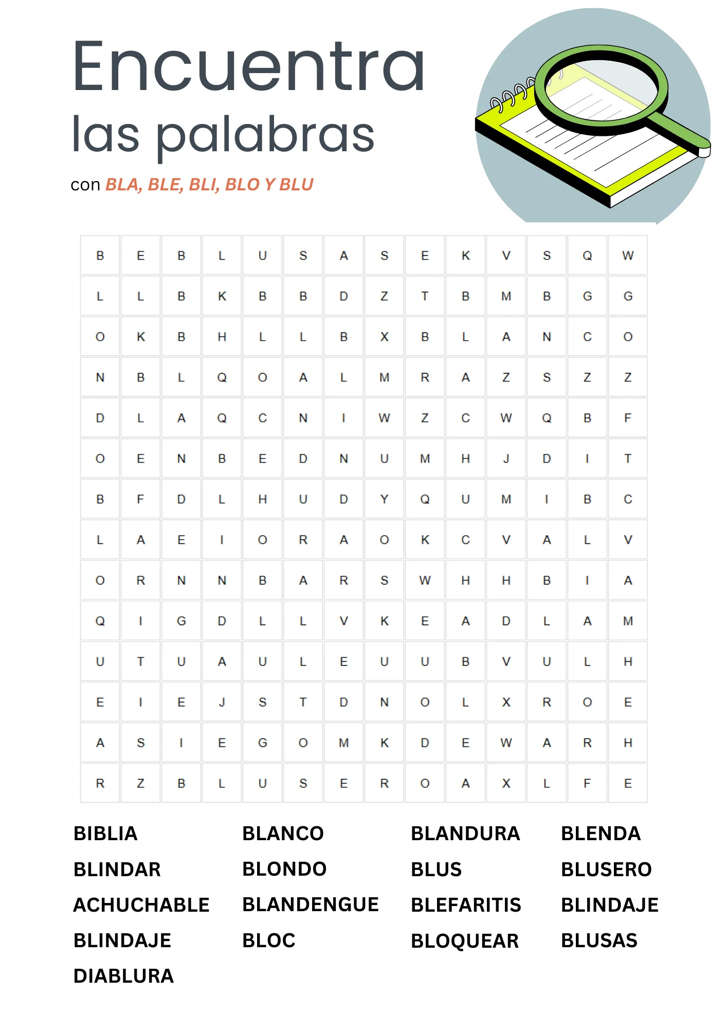 ejemplos palabras con bla ble bli blo blu